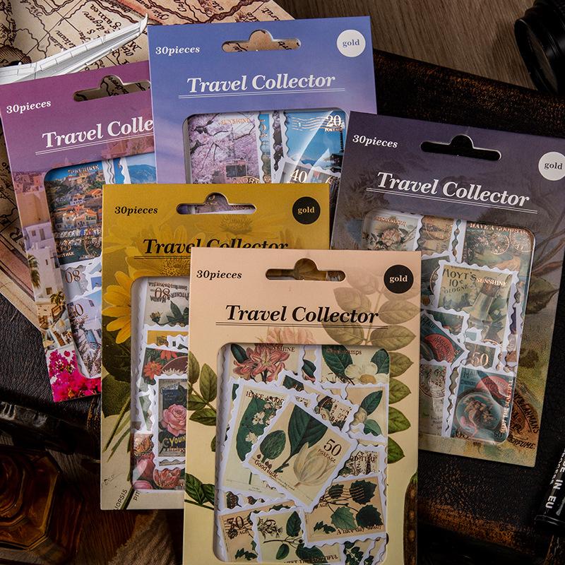 6style 30 Pcs Travel Philatelic Stamp Decorative Gold Stickers DIY Scrapbook Label Diary Stationery Album Journal Sticker