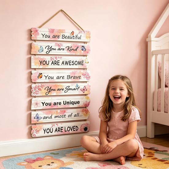 Inspirational Girl Room Decor Motivational Wall Art Plaque Positive Affirmations Hanging Wooden Sign for Girls Kids Room Nursery Toddlers Playroom