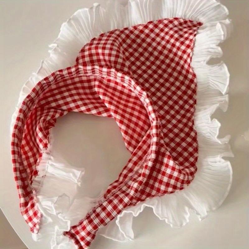 

Plaid Headscarf Hairband with Vintage Lace Trim and Ruffled Edges Triangle Scarf Hair Accessory Pastoral Elegant Style красный