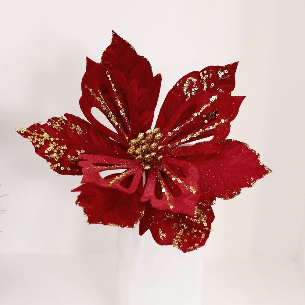 Flocking Velvet Artificial Poinsettia Realistic Holiday Xmas Flower Decor  Photo Props