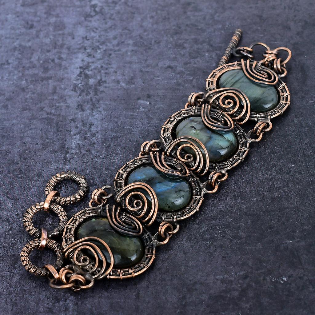 Labradorite Gemstone Handmade Copper Wire Wrap Bracelet 7-8" B2d66