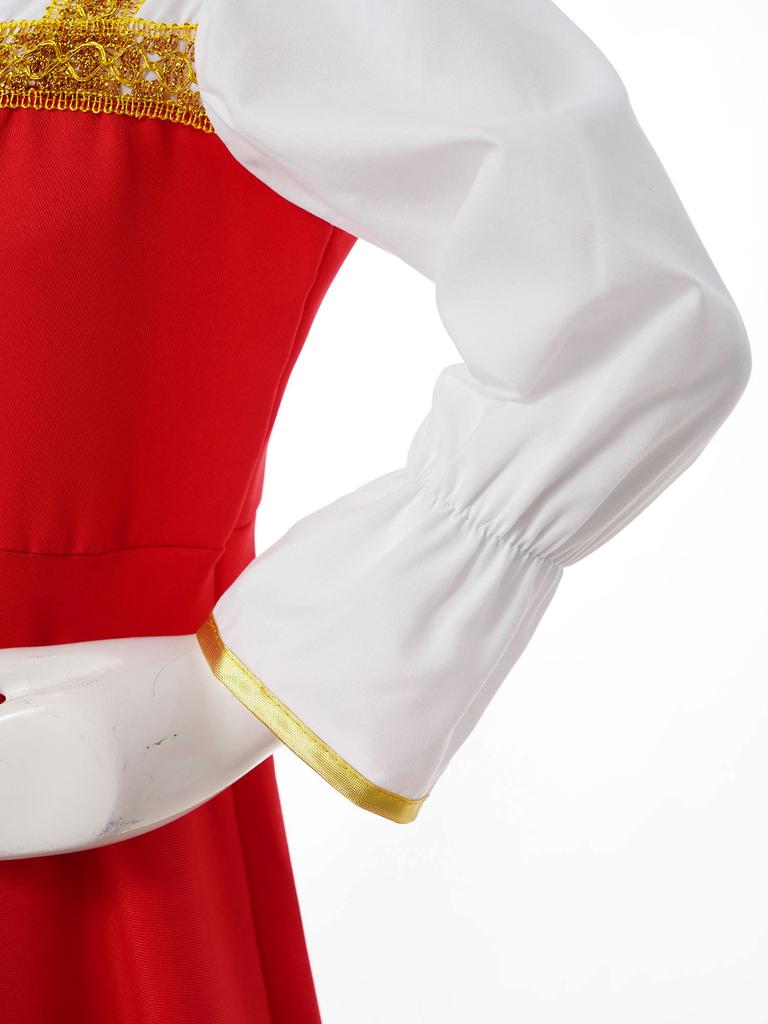 Girls Russian Costume Round Neck Puff Sleeve Gold Embroidery Knee Length Dress Beautiful Headpiece Traditional Set