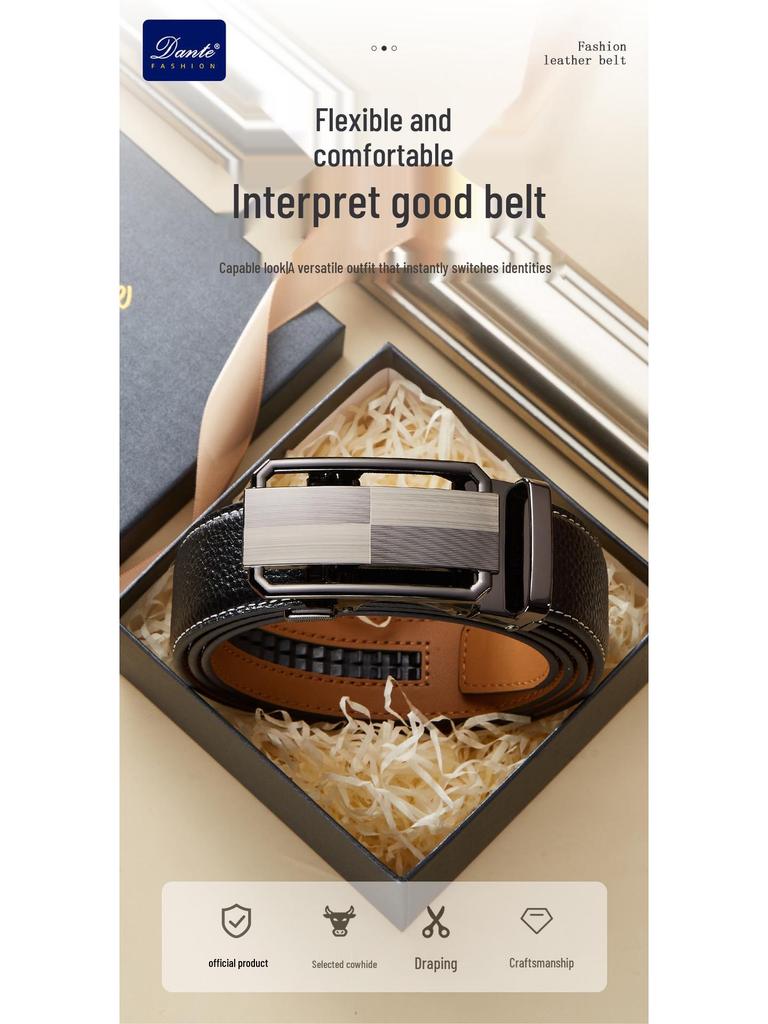 Men's Top Grain Cowhide Leather Belt with Automatic Buckle - Genuine, Casual, Versatile Style