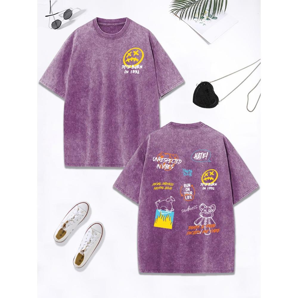 Little Bear Text Graffiti Prints Washed T-Shirt Women Cotton Oversized Tops Comfortable Distressed O-Neck T Shirt Clothes