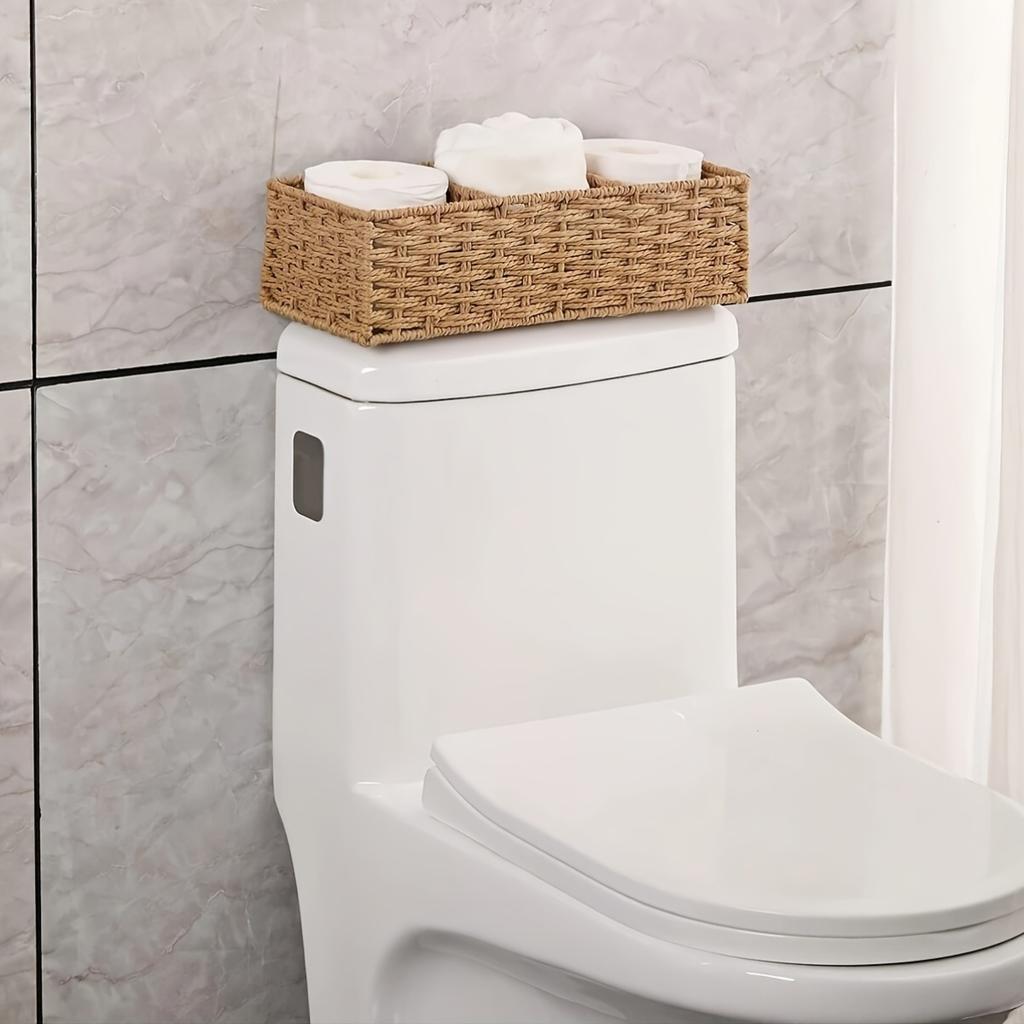 1pc Woven Three-Compartment Storage Basket, Handmade Paper Rope & Willow Storage Bin, Toilet Tank Top Tissue Box Holder