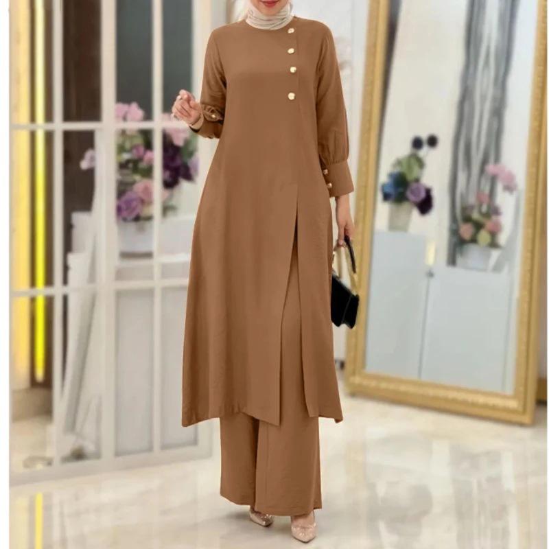 2024 Elegant Solid Color Muslim Women's Two-Piece Suit: Long Side-Slit Shirt & Wide-Leg Pants