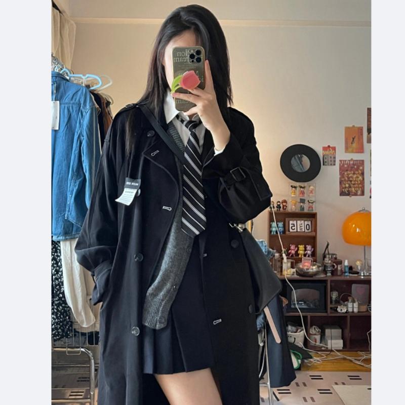 Women's Fashion Classic Slim-Waist Windbreaker Jacket - Simple Loose Casual Solid Color with Double Breasted and Chic Sleeves