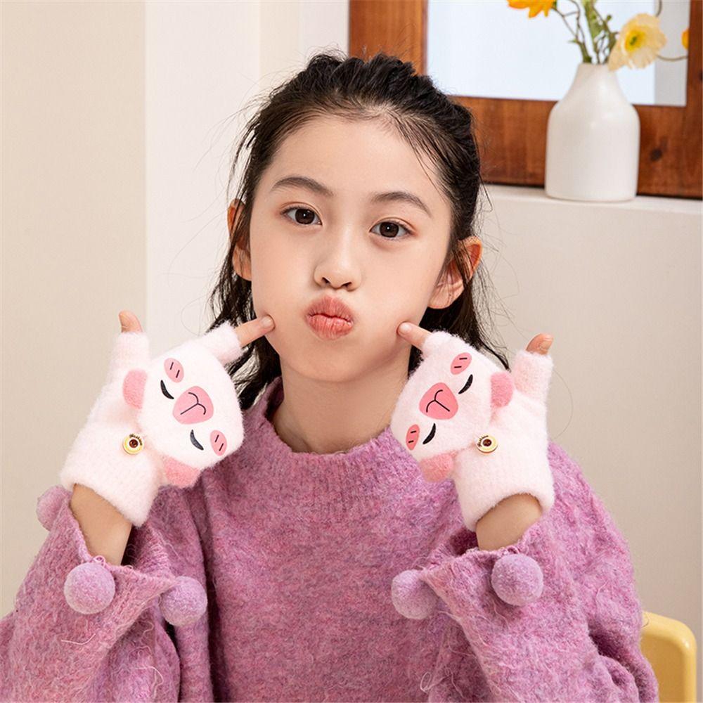 Capybara Student Half-Finger Flip Gloves Mink Fleece Warm Knitted Mittens  for Boys Girls
