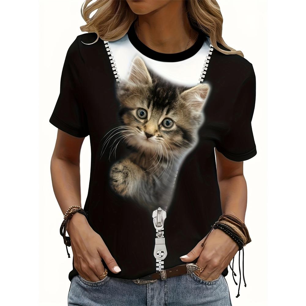 Summer Casual Women's T Shirt Cartoon Cute Cat Printed O Neck Short Sleeve Women's Outdoor Loose TShirt Tops Elegant Clothing