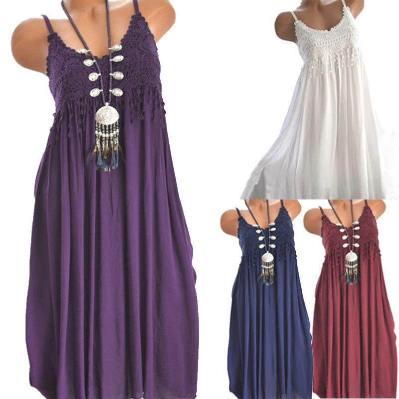 Elegant Women Summer Crew Neck Sleeveless Tank Maxi Dress With Lace Detail