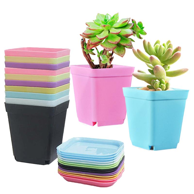 6pcs Plastic Square Flower Pot with Cover 7x7cm Garden Balcony Decoration Office Desktop Flower Pot Plant Growing Container TMZ