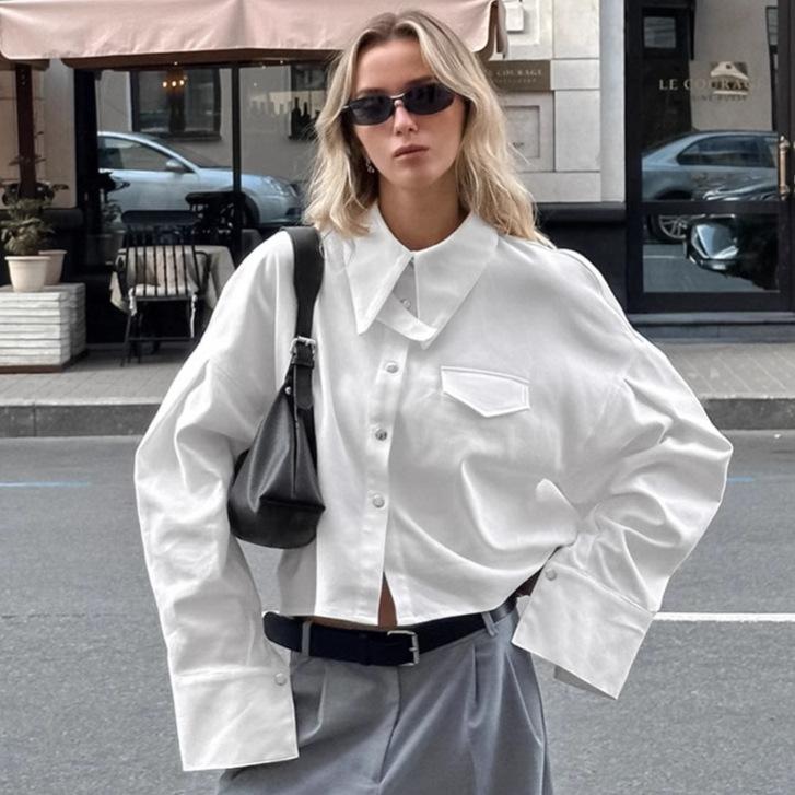 French lapel loose cotton short design shirt 1116 European and American autumn and winter fashion wholesale top women