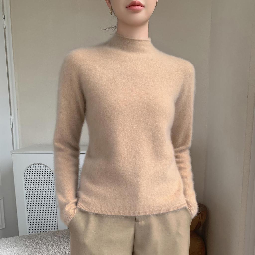 Rolled-Edge Half-High Collar Cashmere Knit Seamless Sweater: Women's Autumn/Winter Solid White Wool Base Layer