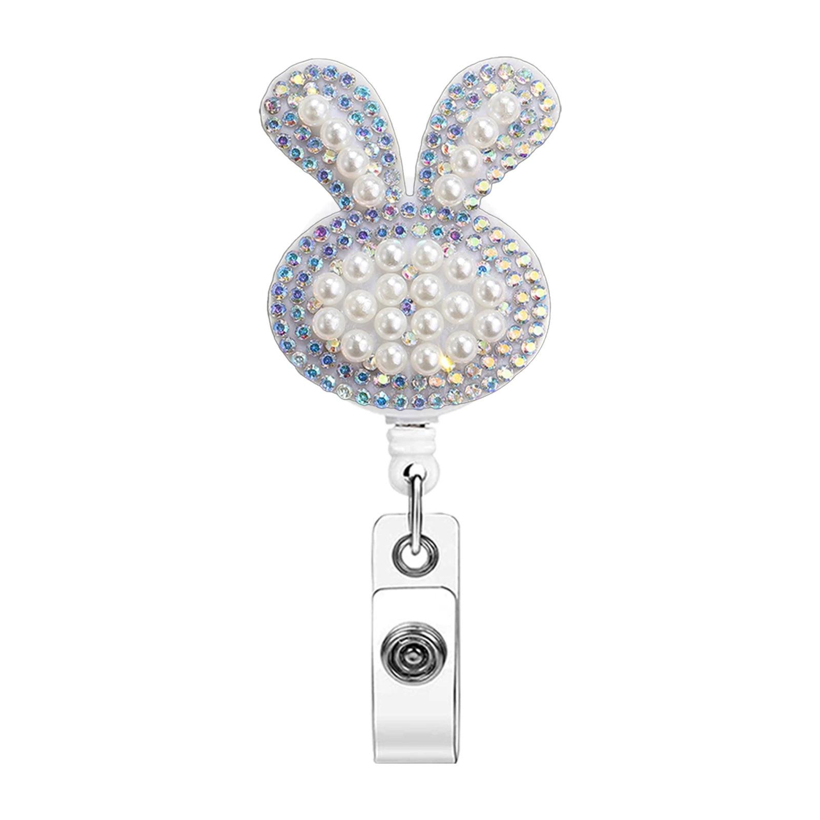 

Pearl Rhinestone Butterfly Love Badge Holder Cartoon Easy-Pull Button Badge Clip Office Retractable Telescopic ID Clip