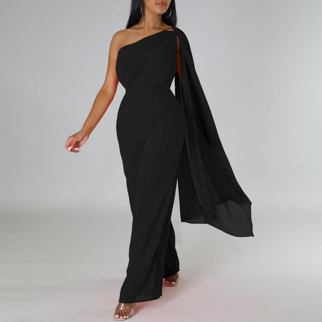 Einfarbiges One-Shoulder-OL-Bankettkleid und afrikanischer Jumpsuit für Damen