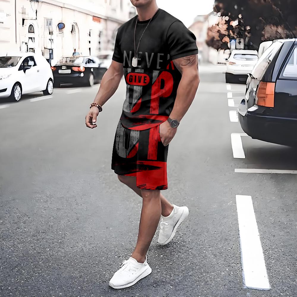 Summer Men's Short Sleeve Tee Shorts Set Casual Men's Sports T-shirt Shorts 2-piece Set Quick Dry Breathable Drawstring T Shirts