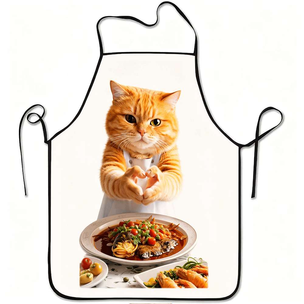 Cute Fat Ginger Cat Chef Heart Hand Seafood Food Pattern Apron Oil Resistant Kitchen Apron Funny Unique Present For Daily Home