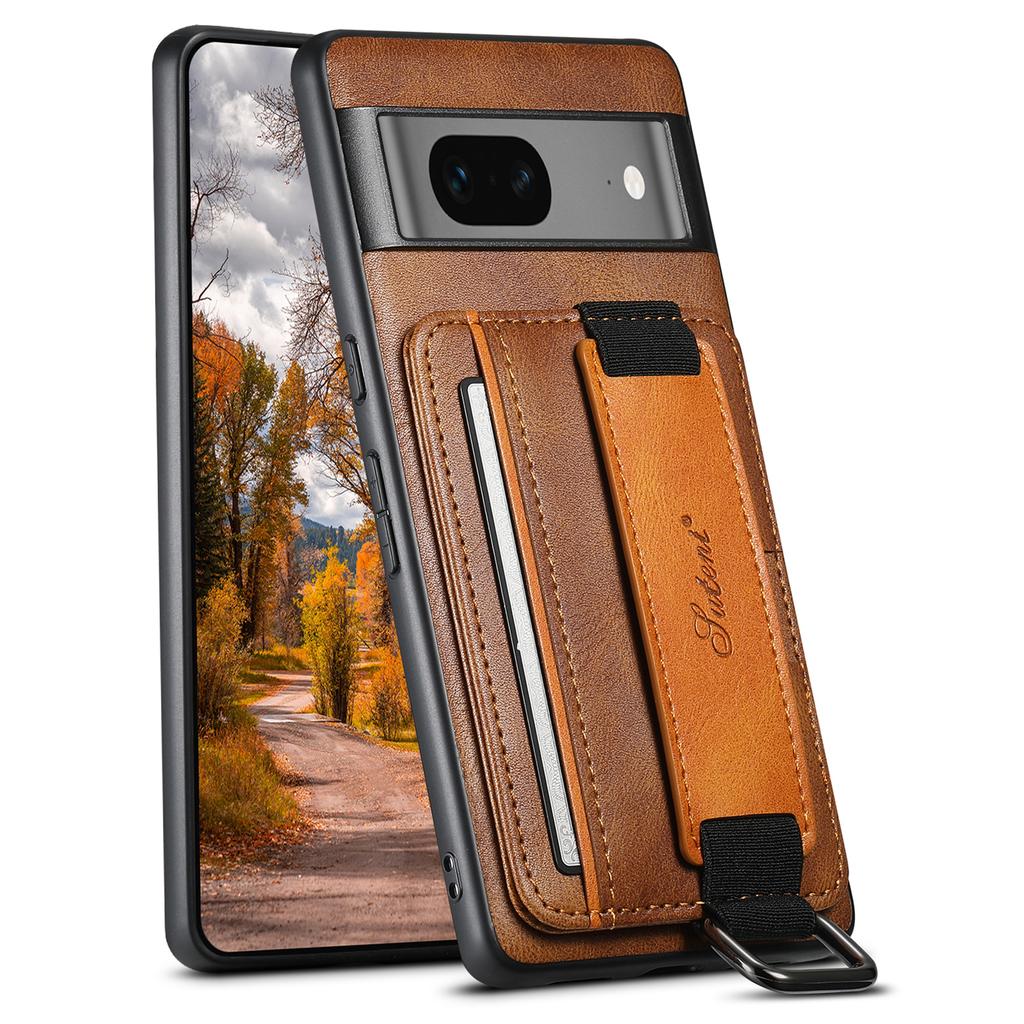 SUTENI H13 Leather Coated PC+TPU Case for Google Pixel 7a,Kickstand Card Holder Phone Back Cover with Hand Strap