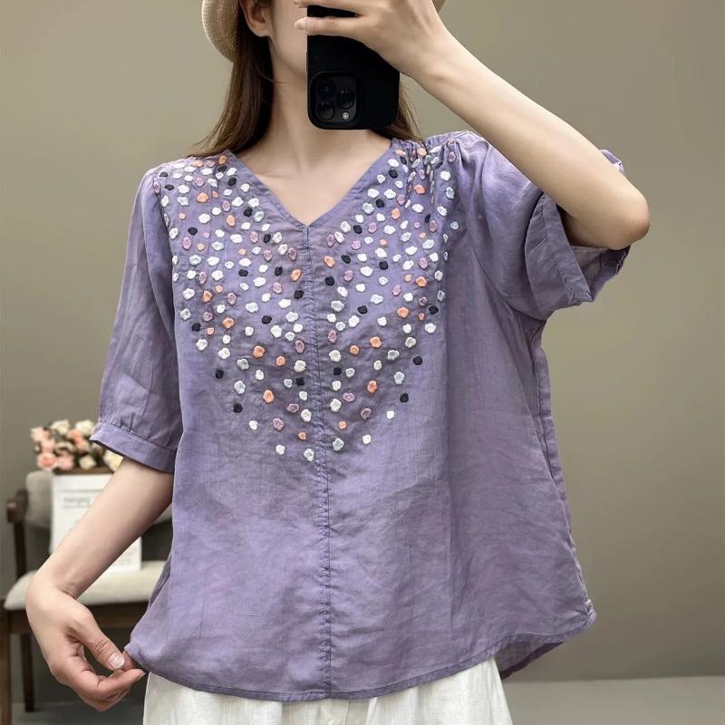 Yellow V Neck Half Sleeve Polka Dot Embroidered Linen Blouse for Women