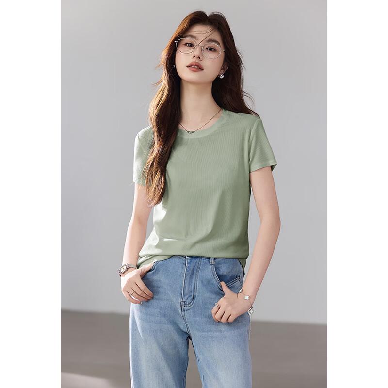 VICTORIA&VERA Women s Ribbed High-Stretch Mulberry Silk Short Sleeve T-Shirt M