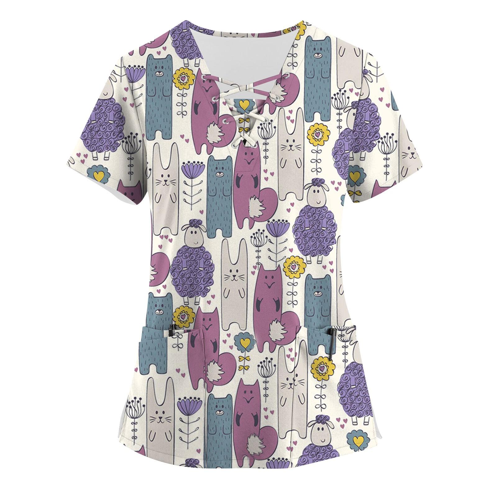 

Женские топы с короткими рукавами и v-образным вырезом с принтом, рабочая блузка с карманами XL фиолетовый