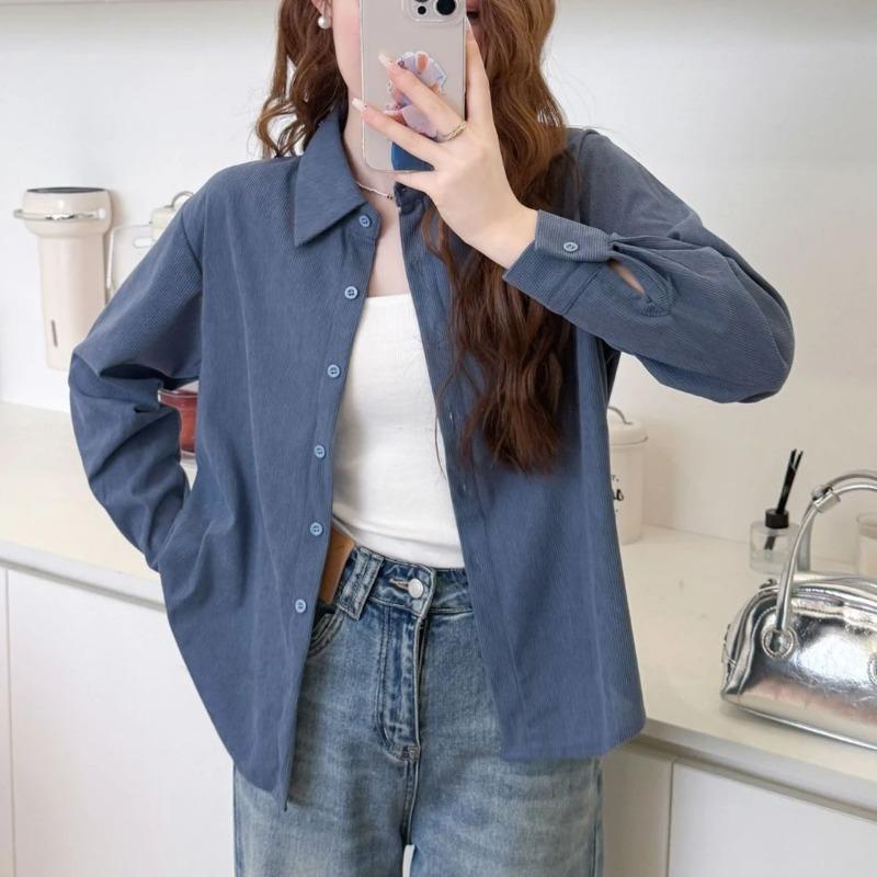 Women Loose Corduroy Polo Shirt Long Sleeve Casual Outerwear Top S синий