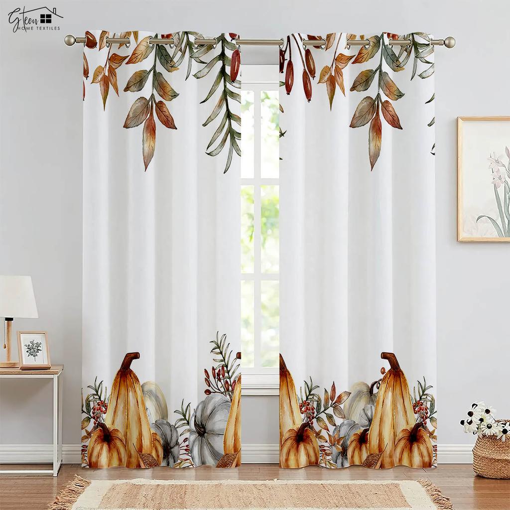 2-Piece Set of Of Autumn Leaf Print Design Window Curtains Machine Washable Bed Room Living Room Kitchen Four Seasons Decorative Curtains