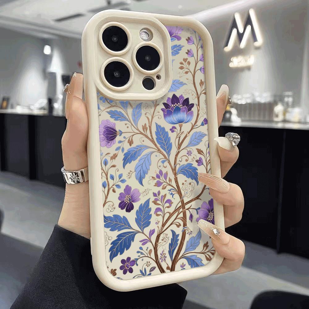 Blue and Purple Floral Pattern Phone Case for IPhone 14 15 16 Plus 13 12 11 16 Pro Max 12 Mini XS Max TPU Protect Cover