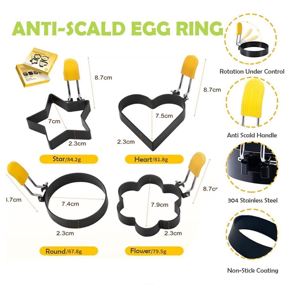 Egg Rings for Frying Eggs Stainless Steel Egg Cooking Rings with Anti-scald Handle Non-stick Egg Shaper Molds 4 Different Shapes