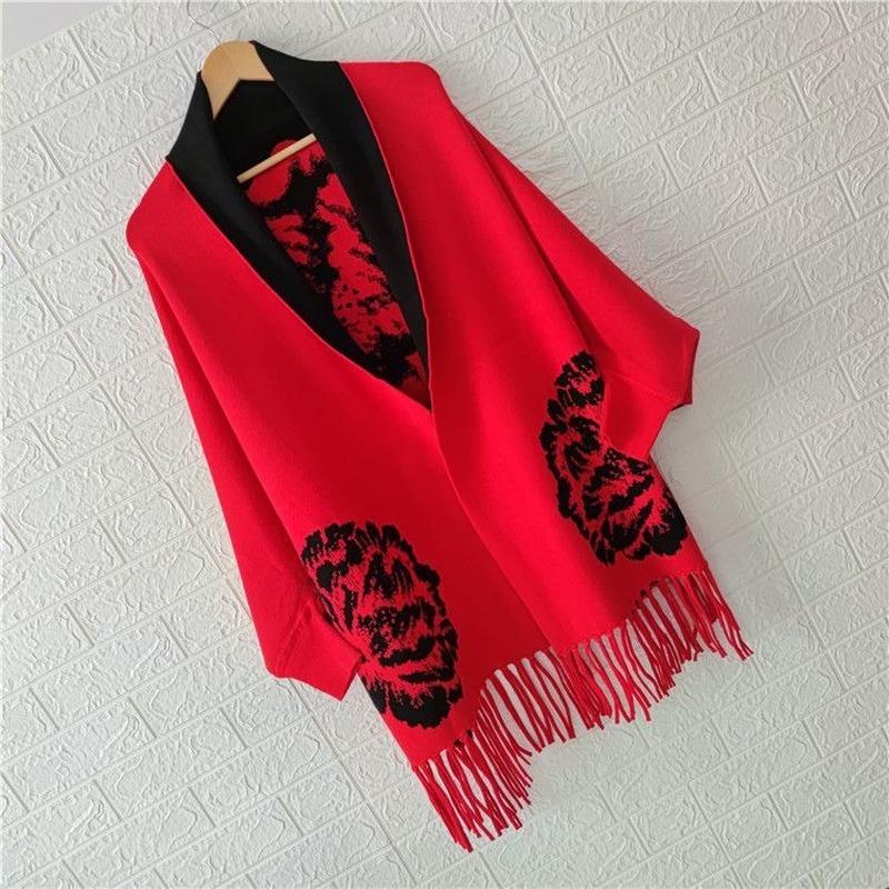 Poncho femeie 2022 toamnă și iarnă imitație de cașmir bujor eșarfă cu franjuri pe două fețe calde mâneci lungi șal pelerina top feminin