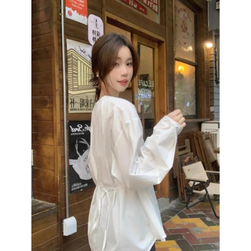 Fashionable Retro Brown Long-sleeved Shirt for Women in Autumn  Style Waist Tie Loose and Versatile Shirt