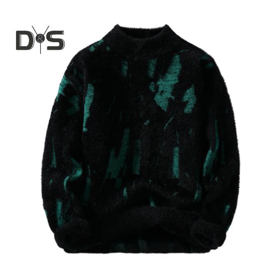 Men Winter Sweater Contrast Color Graffiti Thick Plush Half-high Collar Elastic Knit Long Sleeves Daily Wear School Dating Sweater