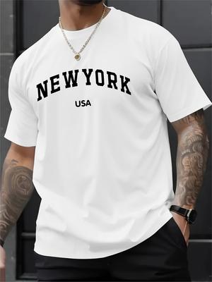 Herr casual tryckt kortärmad T-shirt vanlig rund hals sommartopp slitstarkt och bekvämt tyg