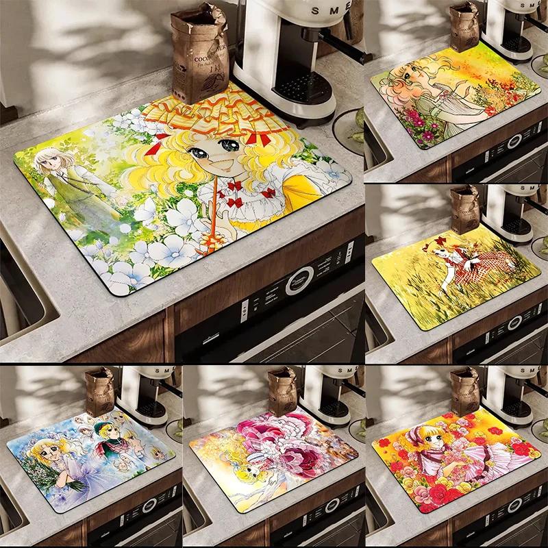 Cartoon Women's Candy Candy Printed Dish Drying Mat Super Absorbent Coffee Drain Pad Tableware Quick Dry Rug Kitchen Dinnerware
