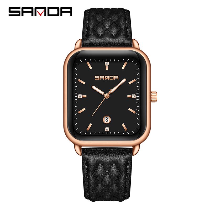 Sanda Quartz Retro Square Watch: Simple Bar Index, Calendar, Waterproof, Business Casual, Unisex Strap