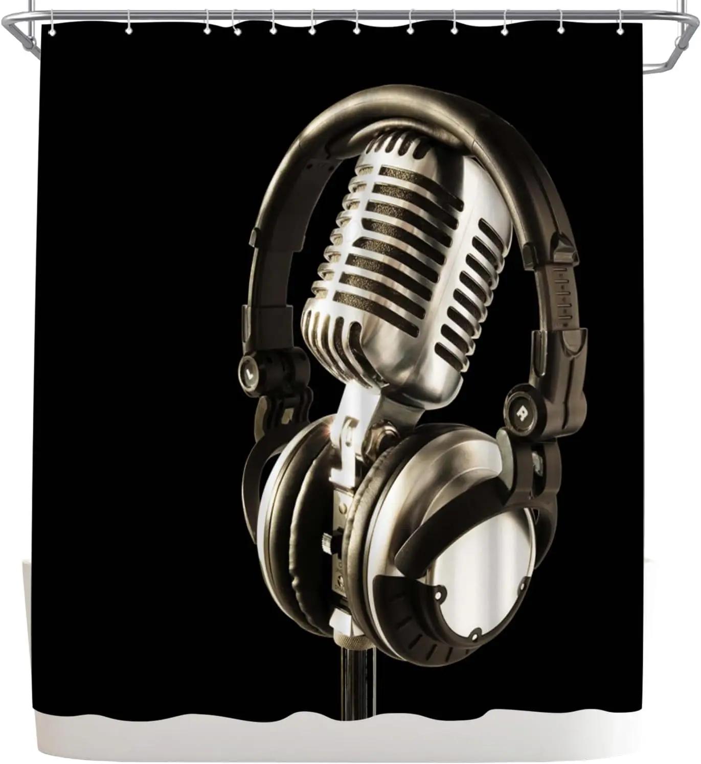 

Music Shower Curtain Microphone Printed Black Shower Curtain 180X 180Cm Polyester Fabric Bathroom Decoration W60H190(CM)-1 Pcs