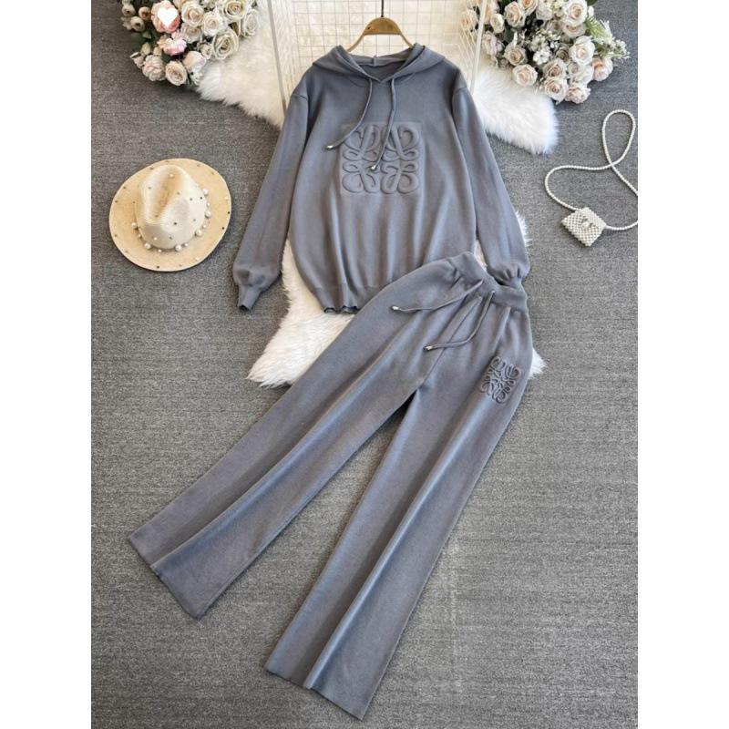 Knit Hooded Sweatshirts 2 Piece Sets Women Casual Knitwear Jumper Tops Ensembles Korean High Waist Malhas Wide Leg Pants Suit
