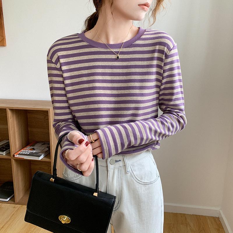 

Women s pure cotton striped long-sleeve T-shirt, 2026 spring and autumn, loose-fitting, stylish base shirt top S фиолетовый