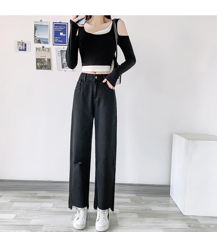 Female Pants Women Loose Casual Jeans Nine Points Wide Leg Ripped Raw Edge Trousers Plus Size