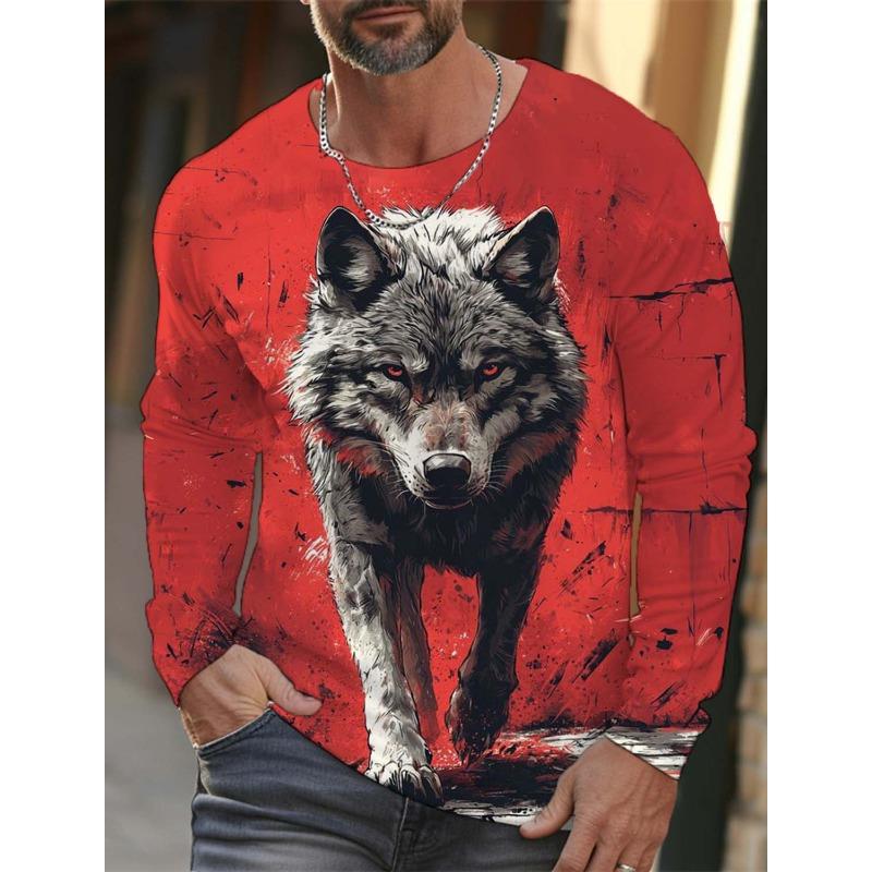 Herren Langarm T-Shirt Tiermuster Wolf 3D Druck Oberteile Tees Mode Lässig Übergroßes T-Shirt Herrenbekleidung
