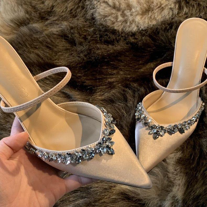 Pointed rhinestone high heel explosion sexy champagne water word with bag head thin heel light luxury beautiful half drag sandals 40 2540₽