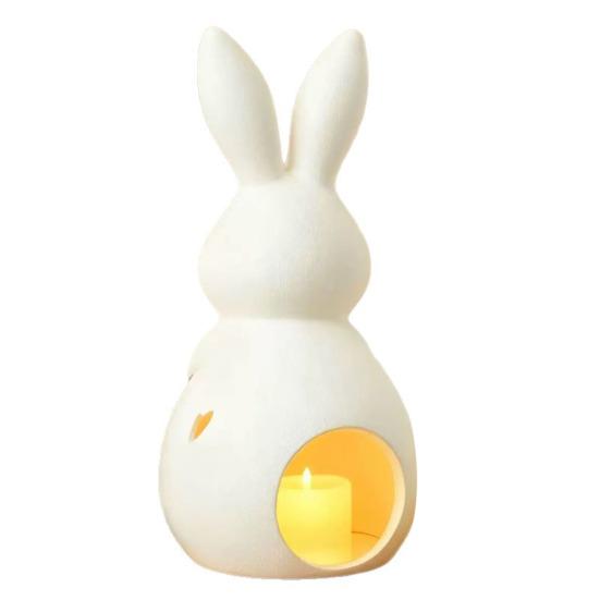 Easter Bunny Candle Holder Cute Bunny Resin Statue with LED Light White Bunny Figurine Rustic Table Centerpiece for Home Spring Decor