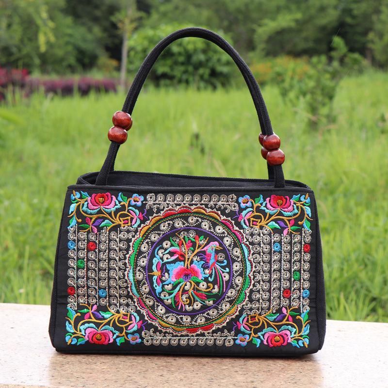 Ethnic style double-sided embroidered double-layer canvas bag middle-aged and elderly women's square bag