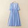 2025 Summer New Jacquard Cotton and Linen Dress Women's Blue White V-neck Short Sleeve Simple Temperament Long Skirt