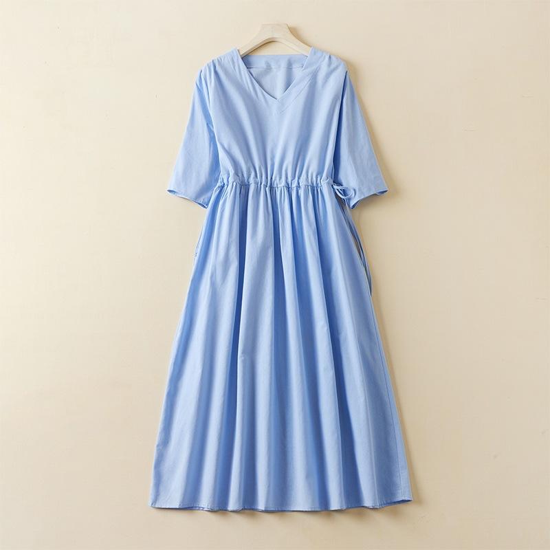 2025 Summer New Jacquard Cotton and Linen Dress Women's Blue White V-neck Short Sleeve Simple Temperament Long Skirt