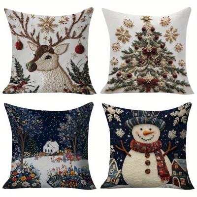 Christmas Pillowcases: Deer, Tree, Snowy Scene, and Snowman Designs Sofa Bed Cushion Cover, New Year Home Decoration