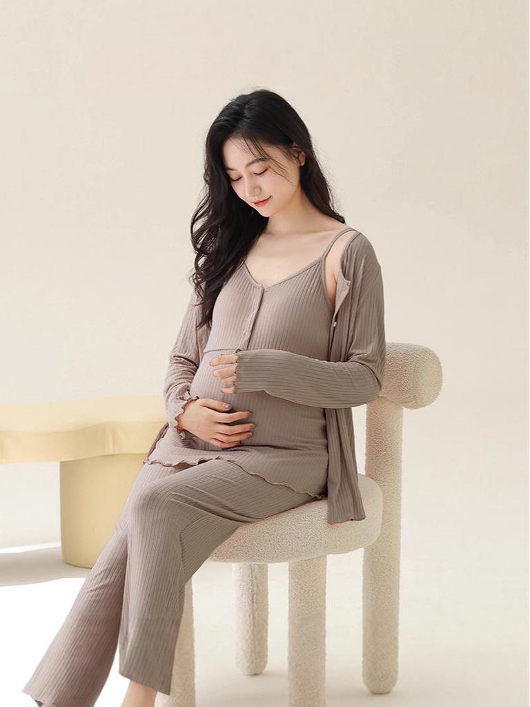 Modal Maternity Pajamas: 3-Piece Autumn Set with Breast Pads, Postpartum Nursing, Belly Comfort, Summer Wear.