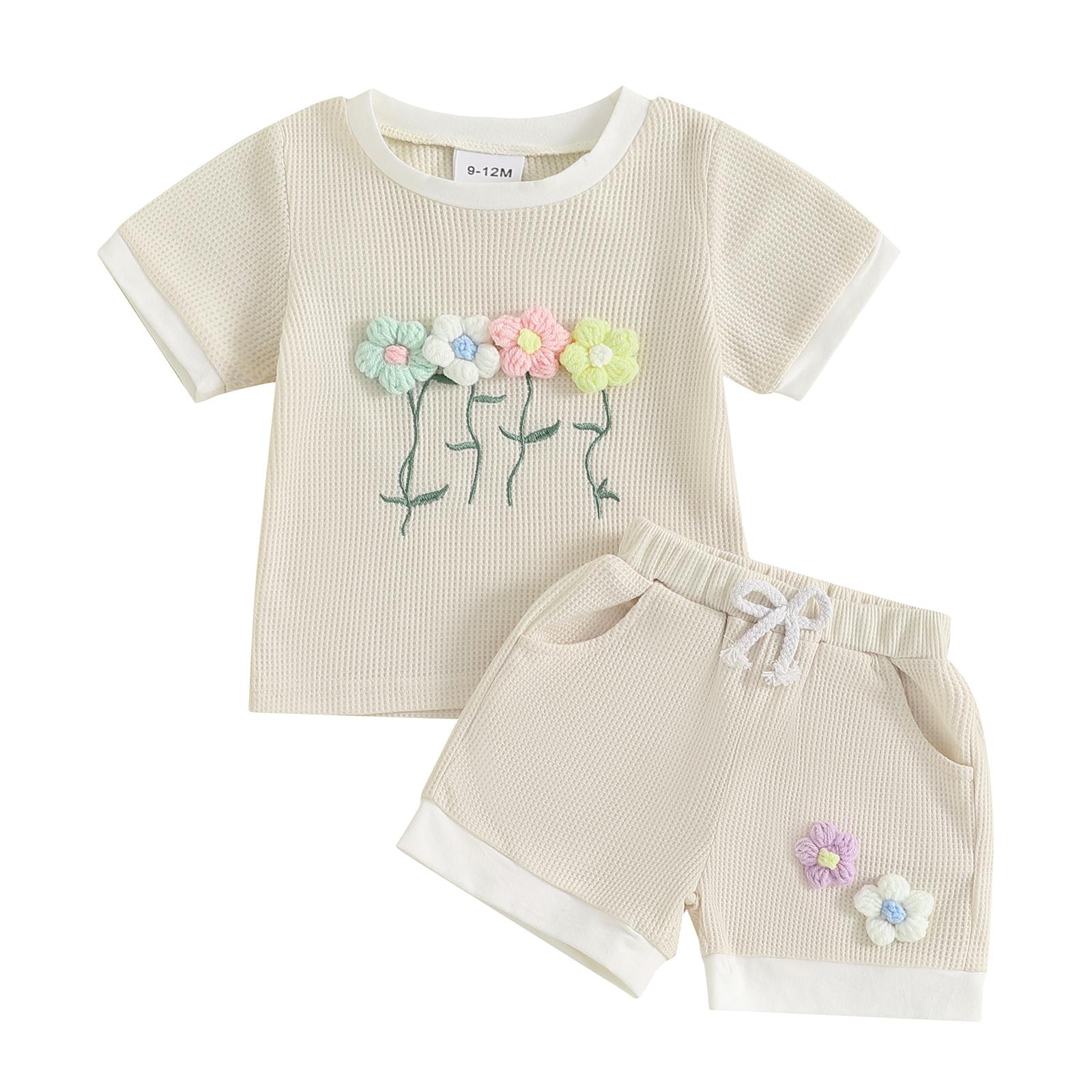 

Летняя вафельная одежда для девочек-малышей с 3D-цветком, короткими рукавами и круглым вырезом, эластичная резинка на талии, шорты, наряд 3-4 Years бежевый
