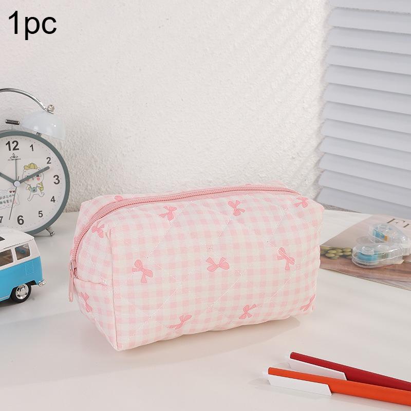 1pc Checkered Pencil Case Pink Bow Pattern Portable Stationery Organizer School Office Desk Essentials Travel Accessories