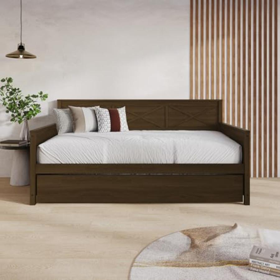 Двухъярусная кровать-диван Minot Twin Wood с выдвижным вторым ярусом, коричневая коричневый